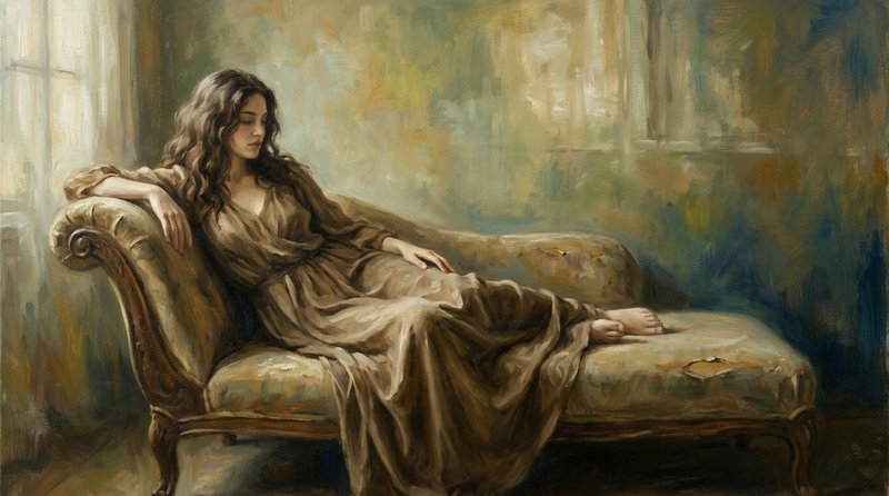 Impressionist oil portrait of a pensive woman reclining barefoot on a vintage upholstered chaise lounge.