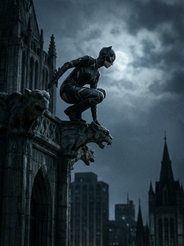 Catwoman crouched stealthily on a stone gargoyle perched on a gothic cathedral rooftop under a cloudy full moon night sky.