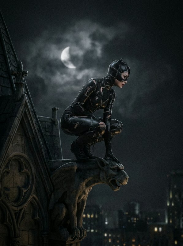 Catwoman in a stitched black catsuit crouches atop a stone gargoyle on a gothic rooftop under a cloudy crescent night sky.