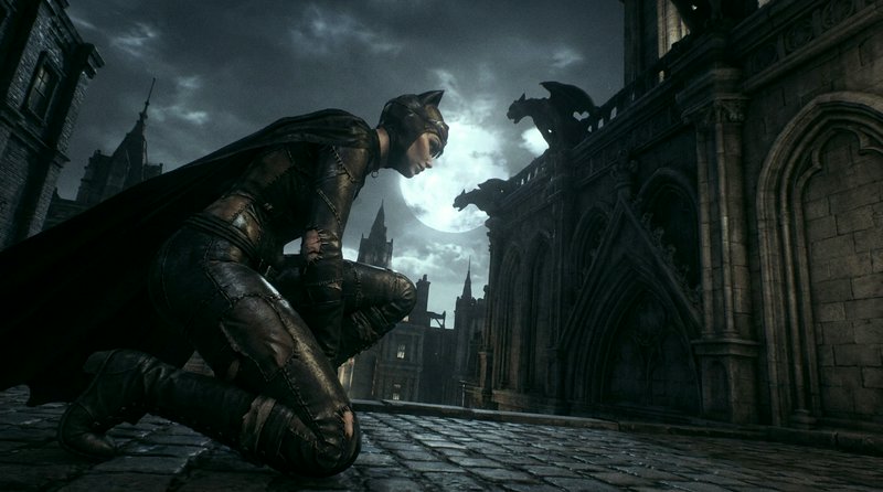 Crouched feline vigilante in stitched leather catsuit perched on a gothic rooftop under a glowing full moon at night