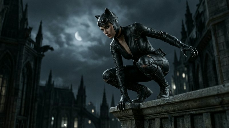 Catwoman crouches on a stone rooftop ledge in a black leather catsuit, overlooking a gothic city skyline under a crescent ...