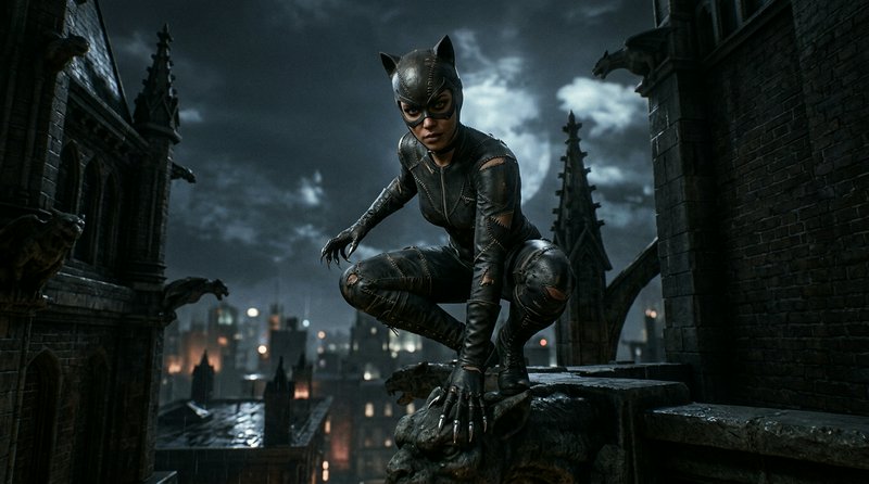 [Catwoman crouched on a gothic gargoyle perch overlooking stormy moonlit Gotham city rooftops]