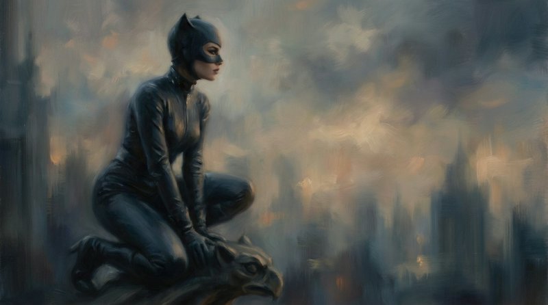 Oil painting of Catwoman crouched on a stone gargoyle overlooking a foggy Gotham City skyline at twilight