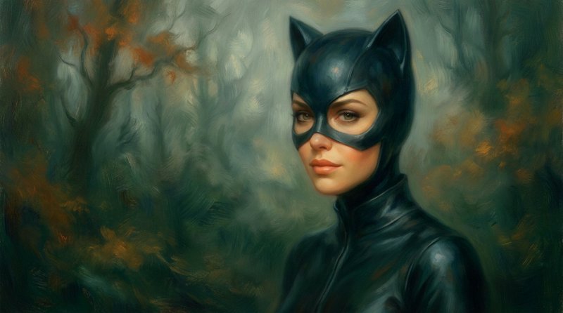 Impressionist oil portrait of Catwoman in a black cat-eared mask, against a misty autumnal forest background