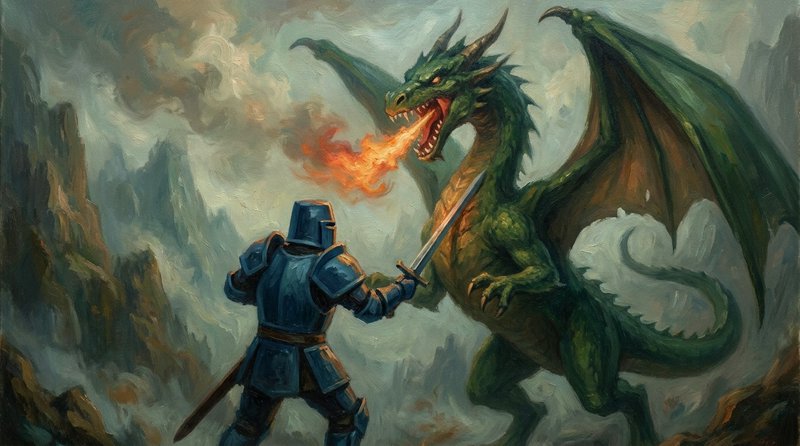 Painterly fantasy scene of an armored knight fighting a fire-breathing green dragon in a misty mountain landscape.