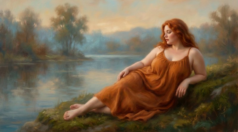 Oil painting of curvy red-haired woman in amber dress reclining on a misty riverbank at soft golden hour