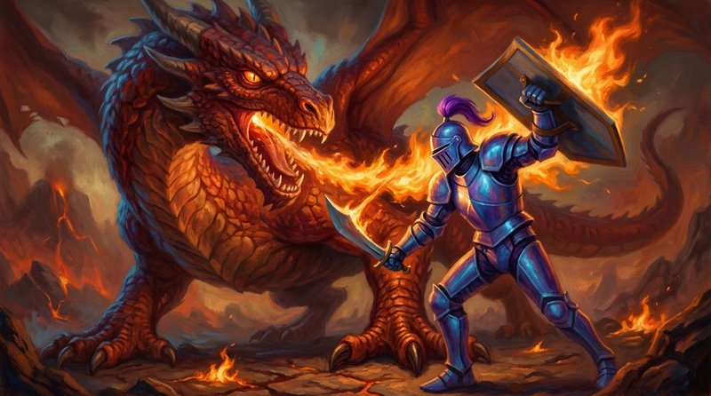 Knight in blue armor battles a giant fire-breathing red dragon on a fiery volcanic battlefield.