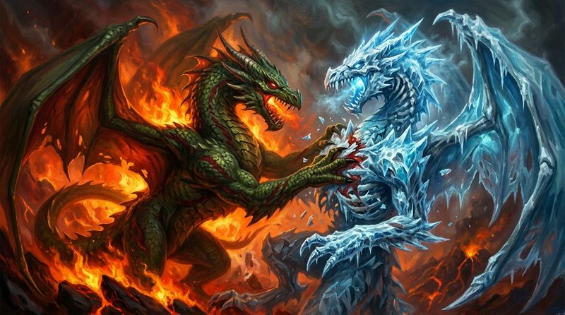 Green fire-breathing dragon battles a crystalline ice dragon in a dramatic elemental clash of opp...