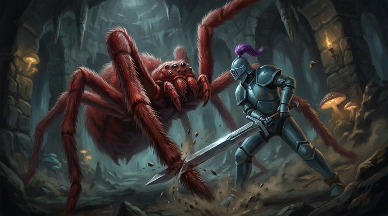 Armored knight wielding a greatsword battles a menacing giant red spider in a misty stone dungeon