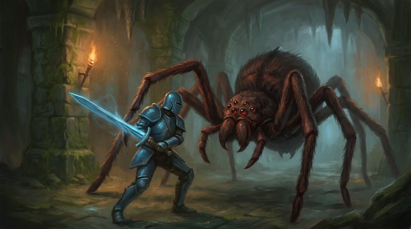 Armored knight holding a glowing enchanted sword faces off against a giant multi-eyed spider in a...