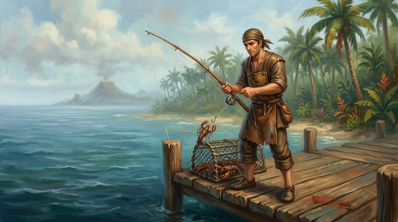 Painterly illustration of a fisherman on a wooden tropical dock reeling in a lobster, with palm t...
