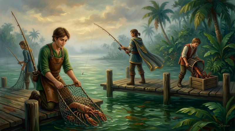 Fantasy illustration of fishermen catching lobster from wooden docks on a misty tropical jungle r...