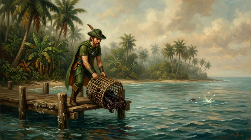 [Fantasy ranger tipping a wicker lobster trap from a weathered wooden dock on a tropical palm island shore, painterly oil ...