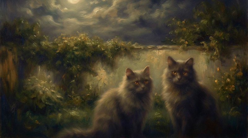 Oil painting of two fluffy grey longhair cats sitting side-by-side in a misty moonlit night garden.