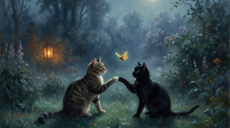 Oil painting of tabby and black cats touching paws, watching a glowing moth in a misty moonlit fo...