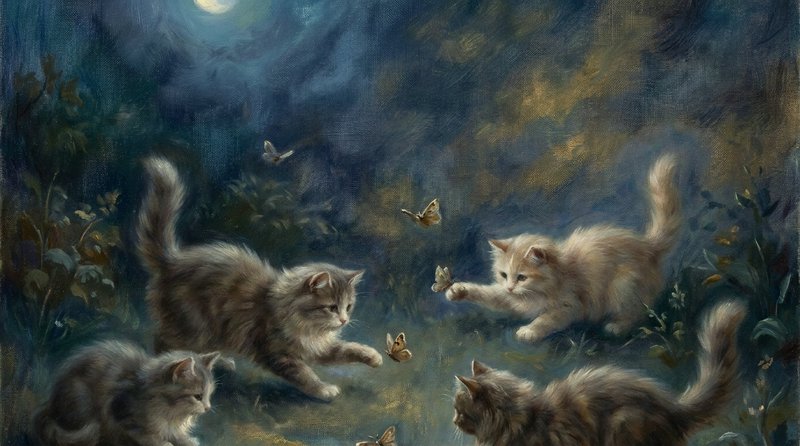 Vintage oil painting of four fluffy longhair kittens playfully chasing butterflies in a moonlit f...