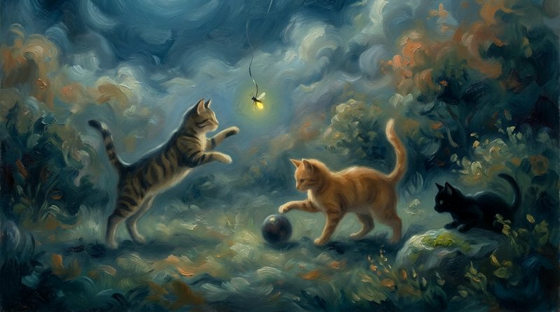 Impressionist oil painting of three playful kittens playing with a firefly and ball in a misty tw...