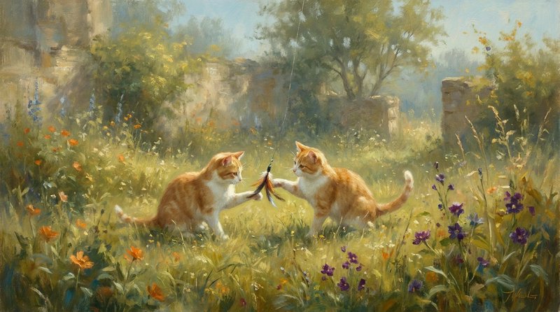 Impressionistic oil painting of two orange tabby cats playfully reaching for a feather toy in a s...