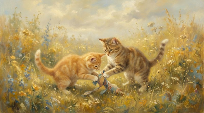 Impressionistic oil painting of two playful tabby kittens tugging a fabric toy in a sunlit wildfl...