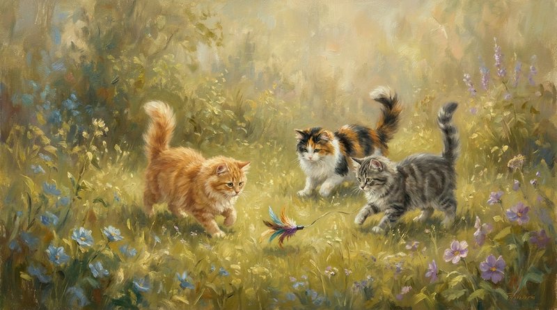 Impressionist oil painting of three fluffy kittens stalking a feather toy in a sunlit wildflower ...