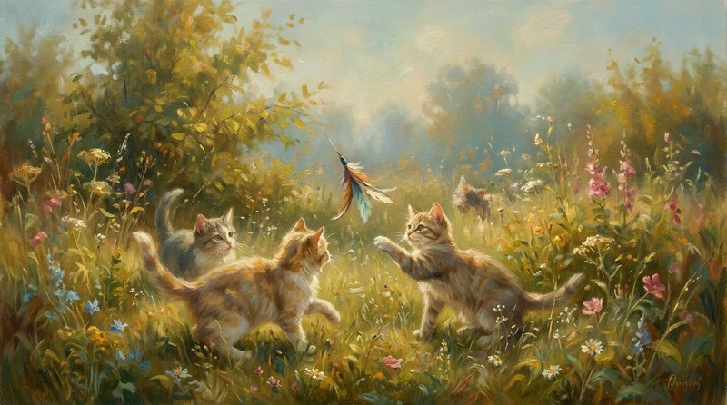 Impressionist oil painting of playful tabby kittens reaching for a floating feather toy in a sunl...