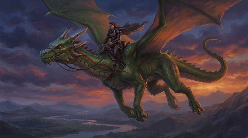 Armored fantasy rider riding a large green winged dragon flying over a mountain valley at dramati...