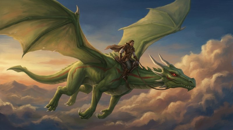 Fantasy illustration of an adventurer riding a large green flying dragon above clouds at golden s...
