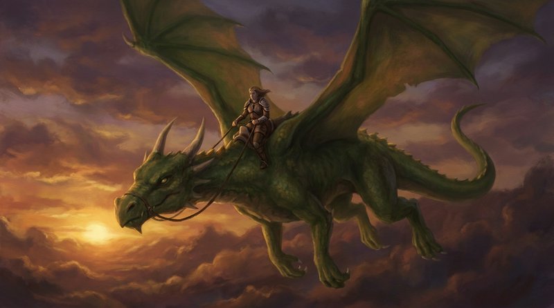 Armored fantasy rider riding a large horned green dragon soaring above clouds at golden sunset