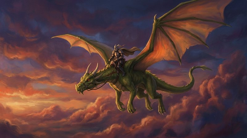 Armored knight riding a large green winged dragon soaring above dramatic orange and purple sunset...