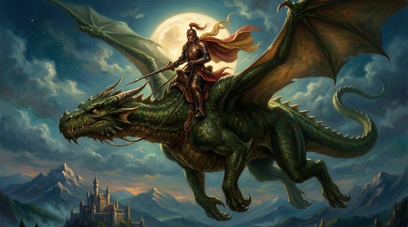 Armored fantasy knight rides a large green flying dragon above a mountain castle, backlit by a gl...