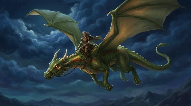 Armored fantasy rider mounted on a large winged green dragon flying above mountains under a cloud...