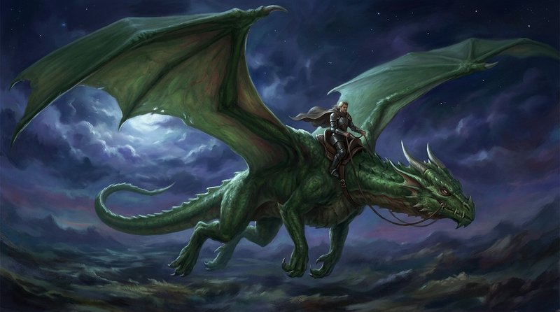 Armored knight riding a large green winged dragon soaring over mountains under a moonlit starry n...