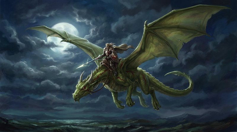 Armored knight with glowing spear rides a large green flying dragon under a full moon stormy nigh...