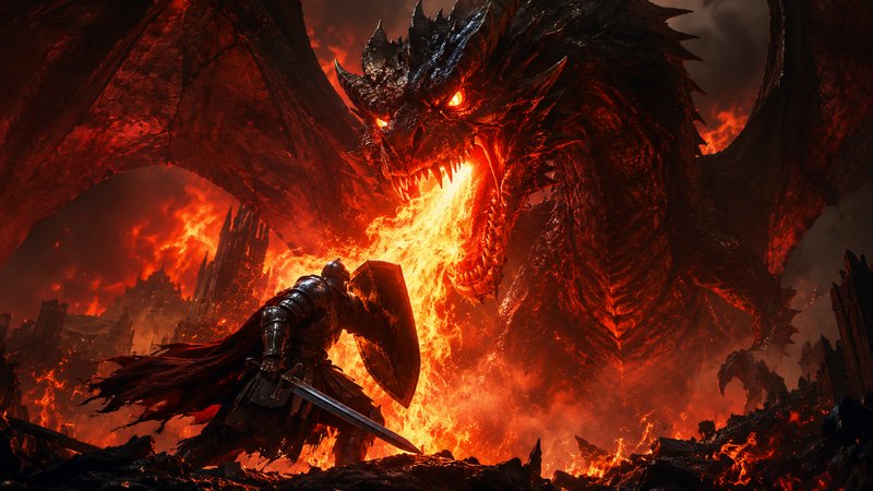 Armored knight with shield and sword confronts a giant fire-breathing dragon amid burning fiery f...