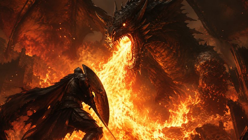 Armored knight with sword and shield confronts a giant fire-breathing dragon on a burning battlef...
