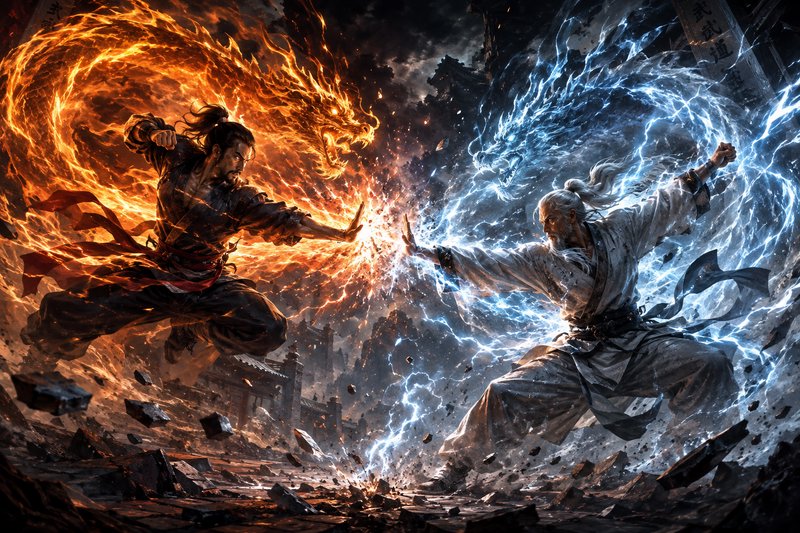 Two martial artists clash, summoning opposing fiery orange and icy blue elemental dragon powers i...