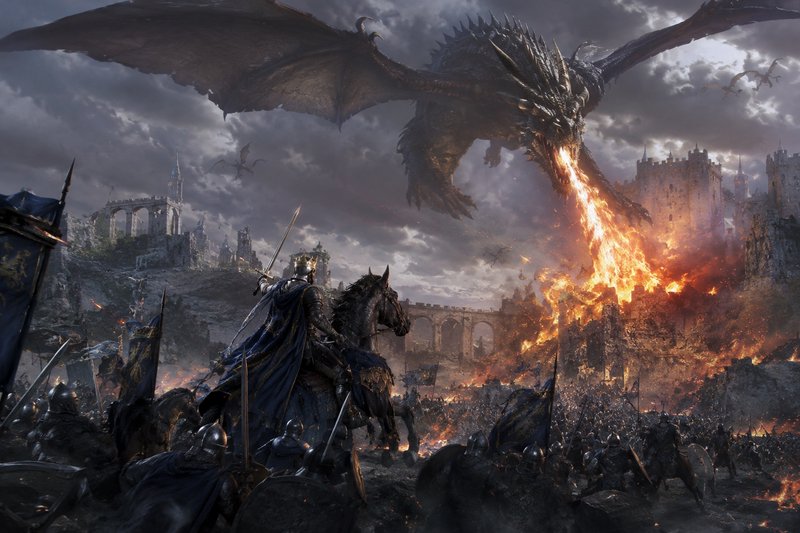 Armored king on horseback leads an army as a giant fire-breathing dragon attacks a burning mediev...