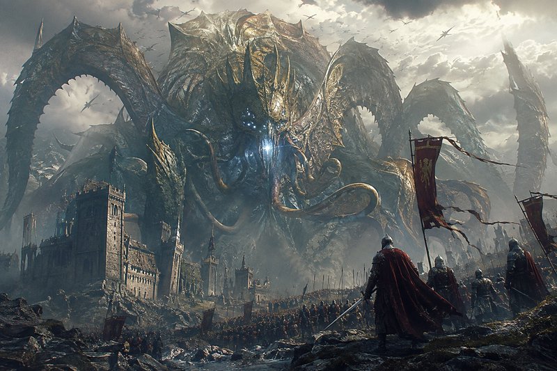 Massive gilded tentacled cosmic monster looms over medieval knights and a fortress ahead of an ep...