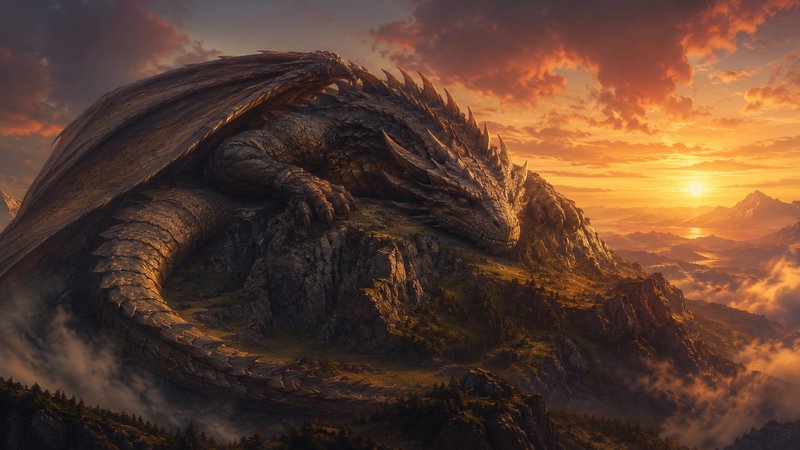 Massive slumbering spiked dragon rests curled atop a rocky mountain peak above misty valleys at a...