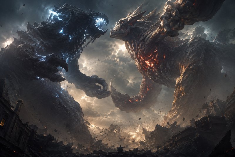 Two colossal elemental kaiju, one lightning-wreathed and one lava-infused, battle above a ruined ...