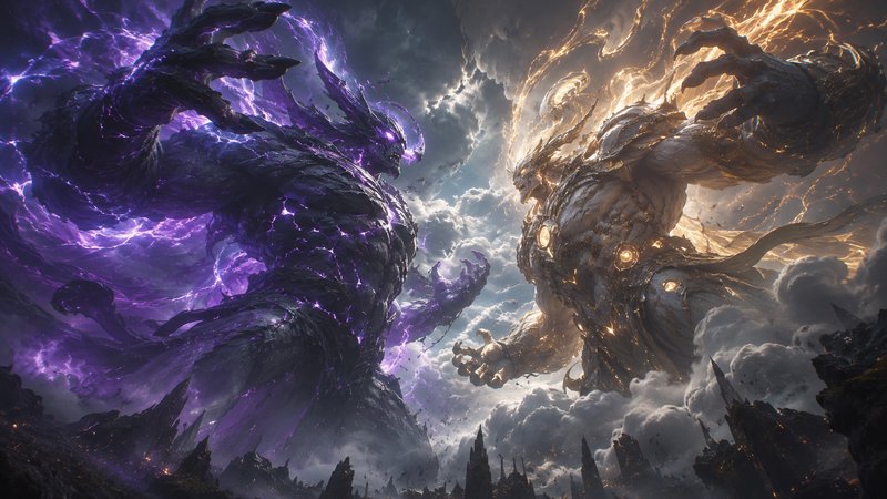 Epic apocalyptic battle between colossal purple void god and golden celestial god looming high ab...