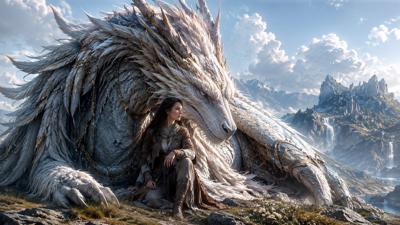 Female wanderer sits beside a massive feathered white dragon overlooking a mountain castle fantas...