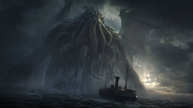 [Colossal winged Cthulhu rises from stormy ocean, towering over a small vintage steam ship under dark tempest clouds]