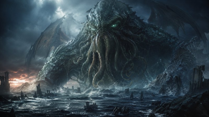 Giant Cthulhu cosmic sea monster rises from stormy churning ocean, towering over a tiny fishing b...