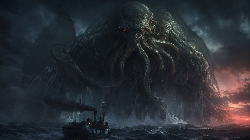 [Giant Cthulhu tentacled sea monster looms over a small steam ship on stormy dark ocean at sunset]