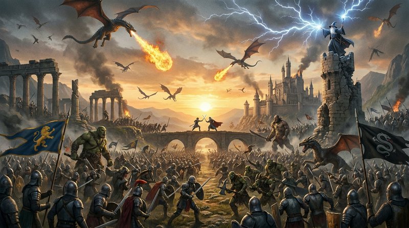 Epic high fantasy battle scene with fire-breathing dragons, a lightning-wielding wizard, clashing...