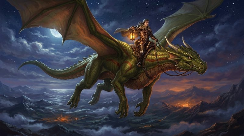 Armored fantasy rider holding a lit lantern flies atop a large green dragon above mountains under...