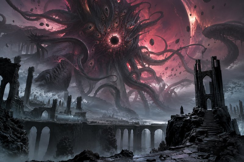 Massive multi-eyed tentacled eldritch god looms over misty gothic ruins as a lone cloaked figure watches