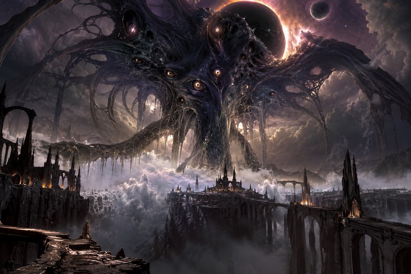Multi-eyed tentacled cosmic elder god looms over gothic floating ruins under an eclipsed celestial sky.
