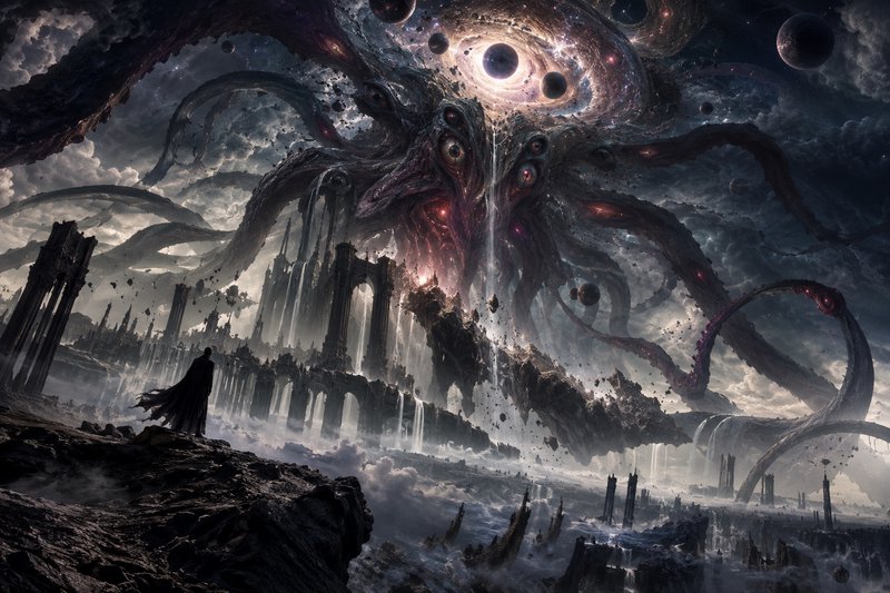Lone cloaked figure observes a colossal multi-eyed cosmic elder god looming over floating ruined gothic architecture
